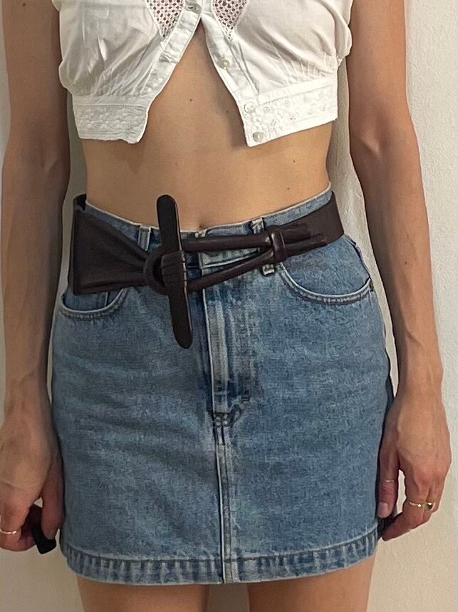 90s Claude Montana Brown Leather Abstract Minimalist Belt 