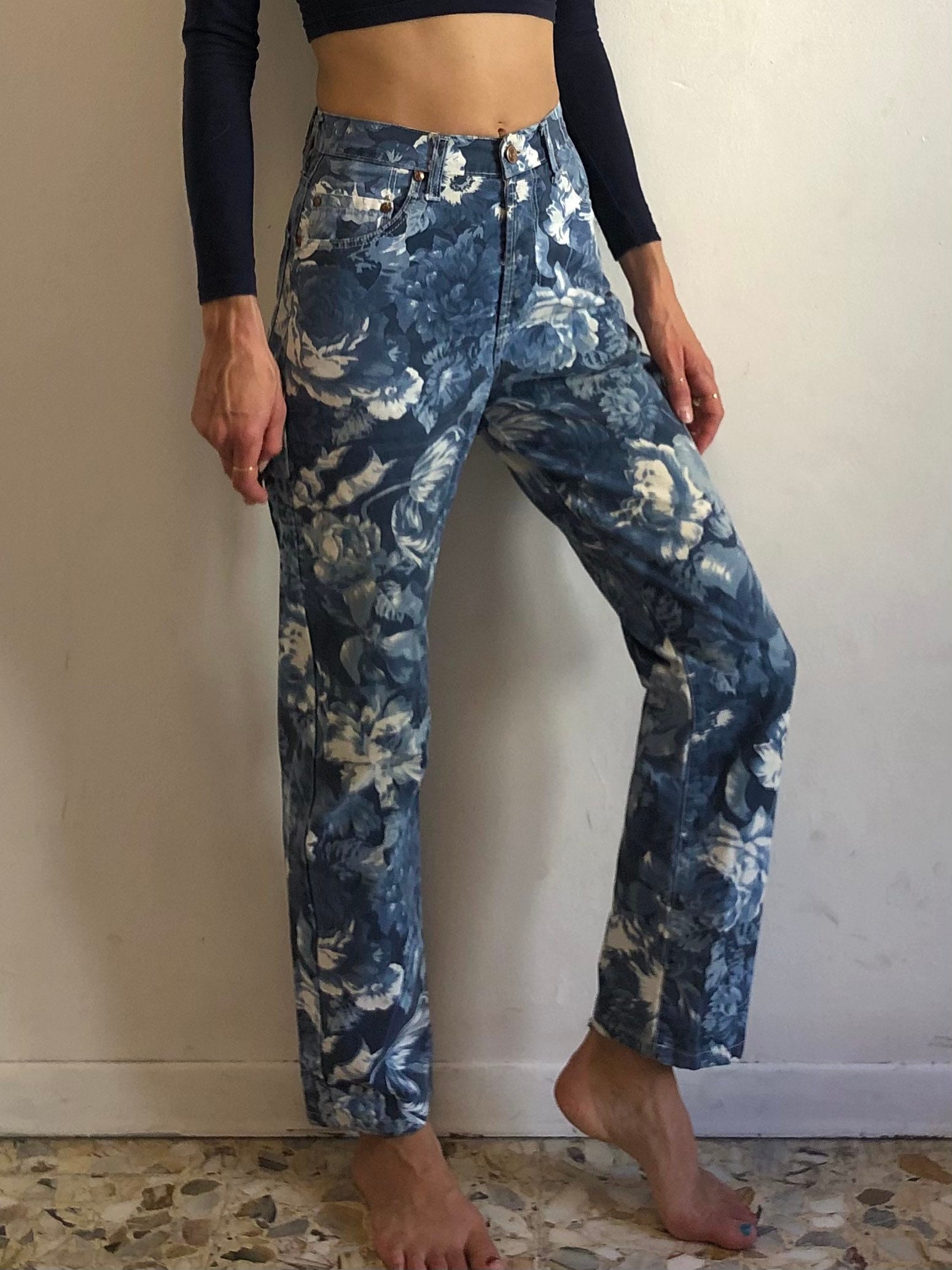 80s Kenzo Jeans Blue Flowers Boho Hippy 