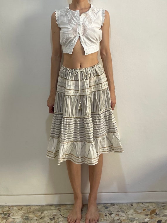 80s Giorgio Kauten Peasant Full Ruffled Cotton Skirt With Gold and Silver Trim Etsy