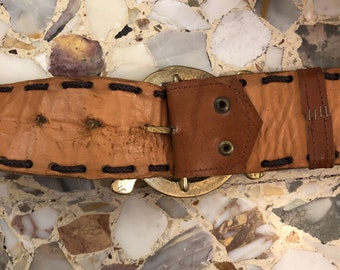70s Boho Leather Western Hippy Belt With Gold Metal Buckle
