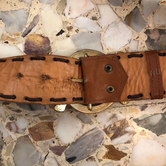 70s Boho Leather Western Hippy Belt With Gold Metal Buckle