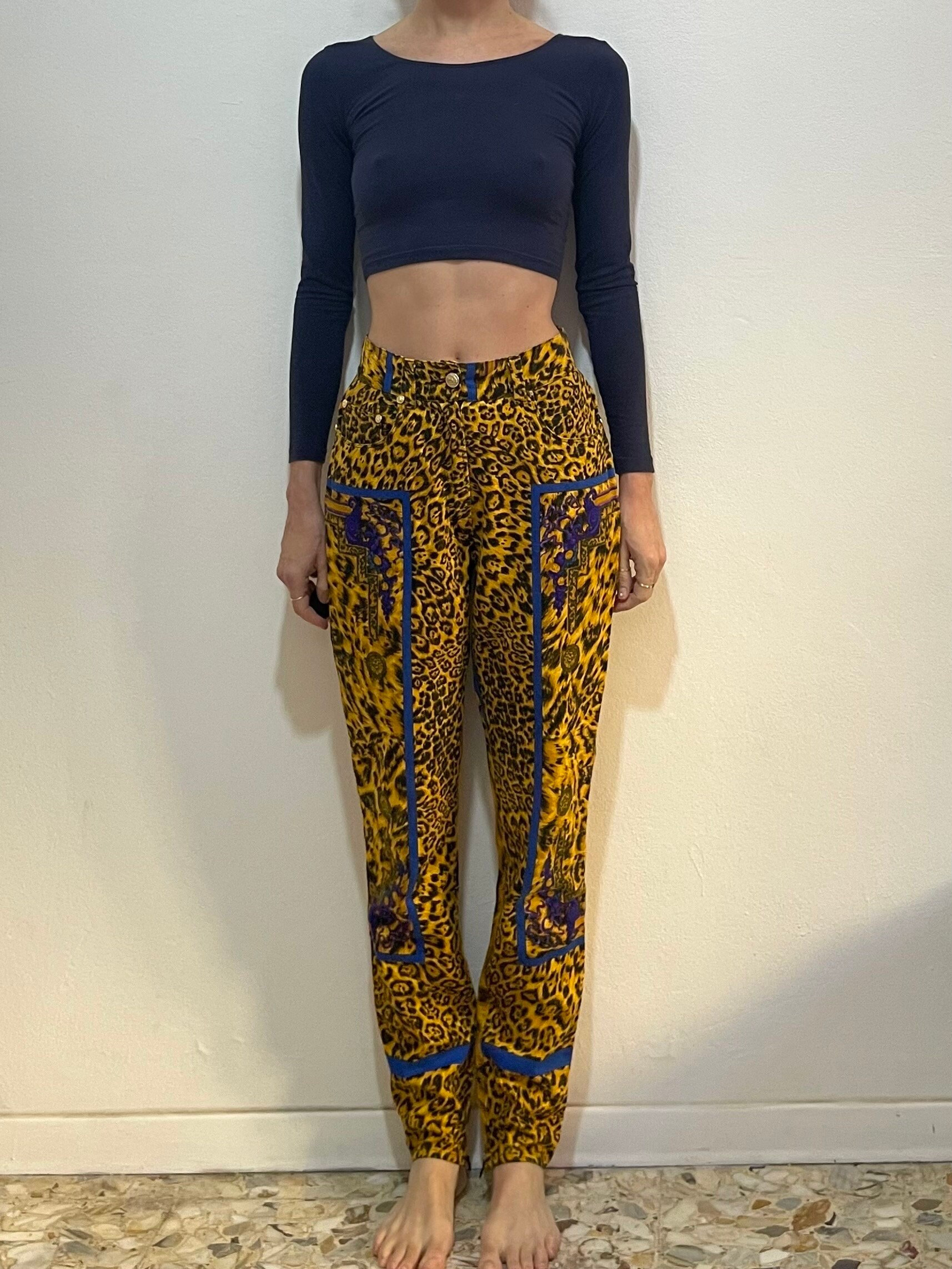 90s Versus Gianni Versace Leopard Print Baroque Jeans With