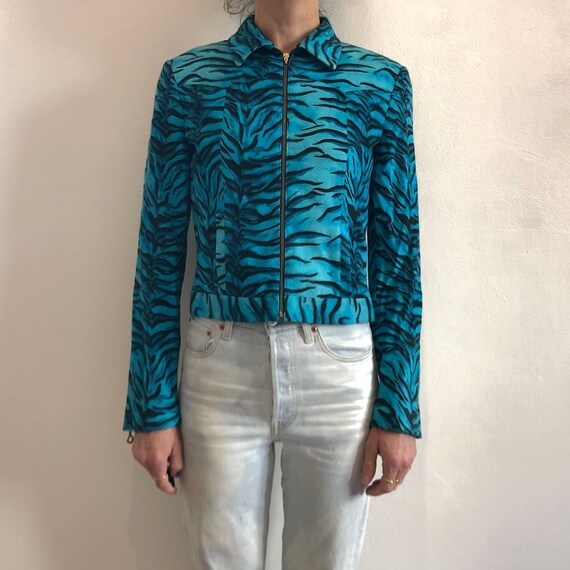 90s Versace Jeans Couture Turquoise Fleece Velvet Zip up