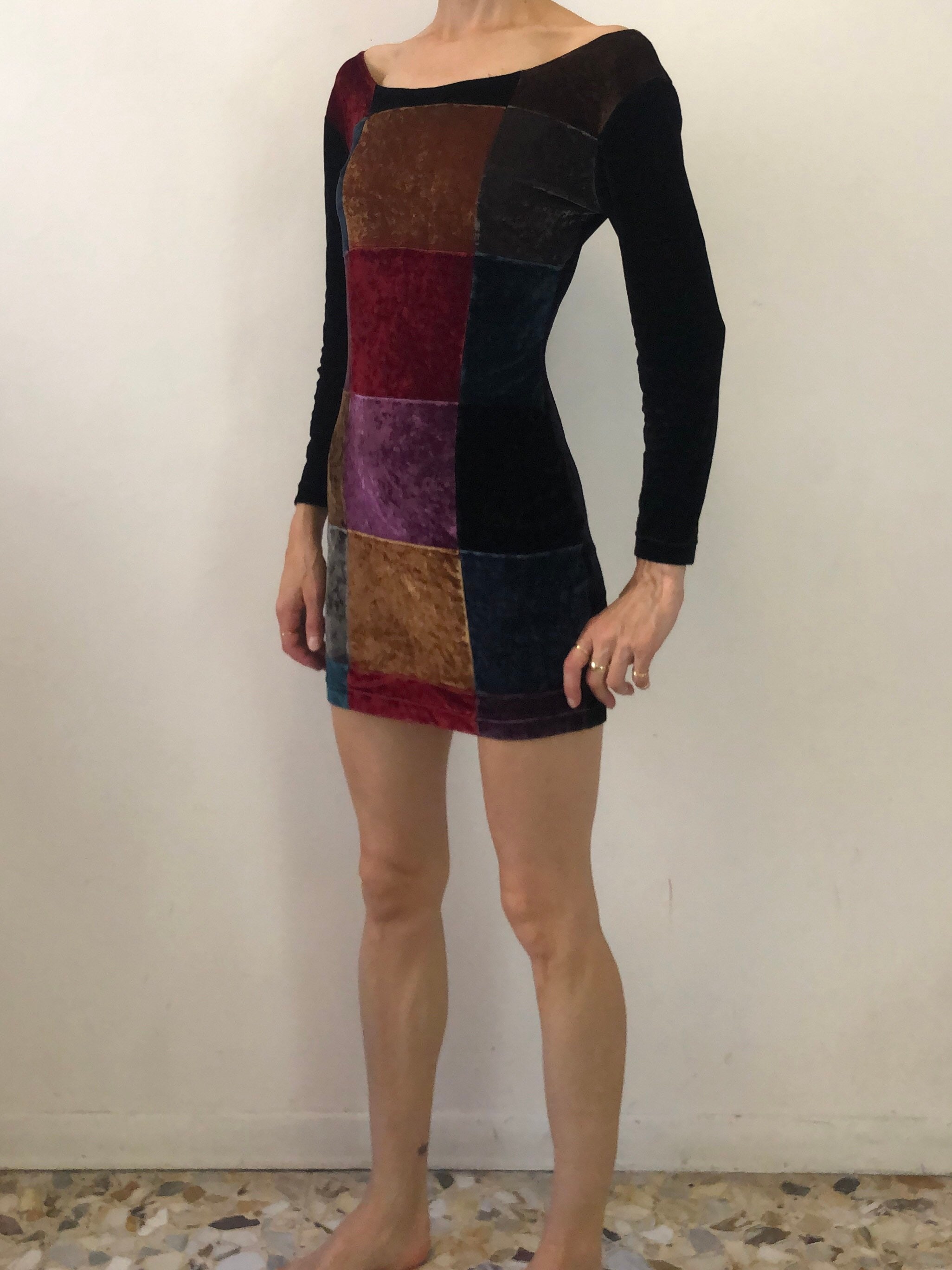 90s Moschino Jeans Stretch Velvet Patchwork Body Con Mini