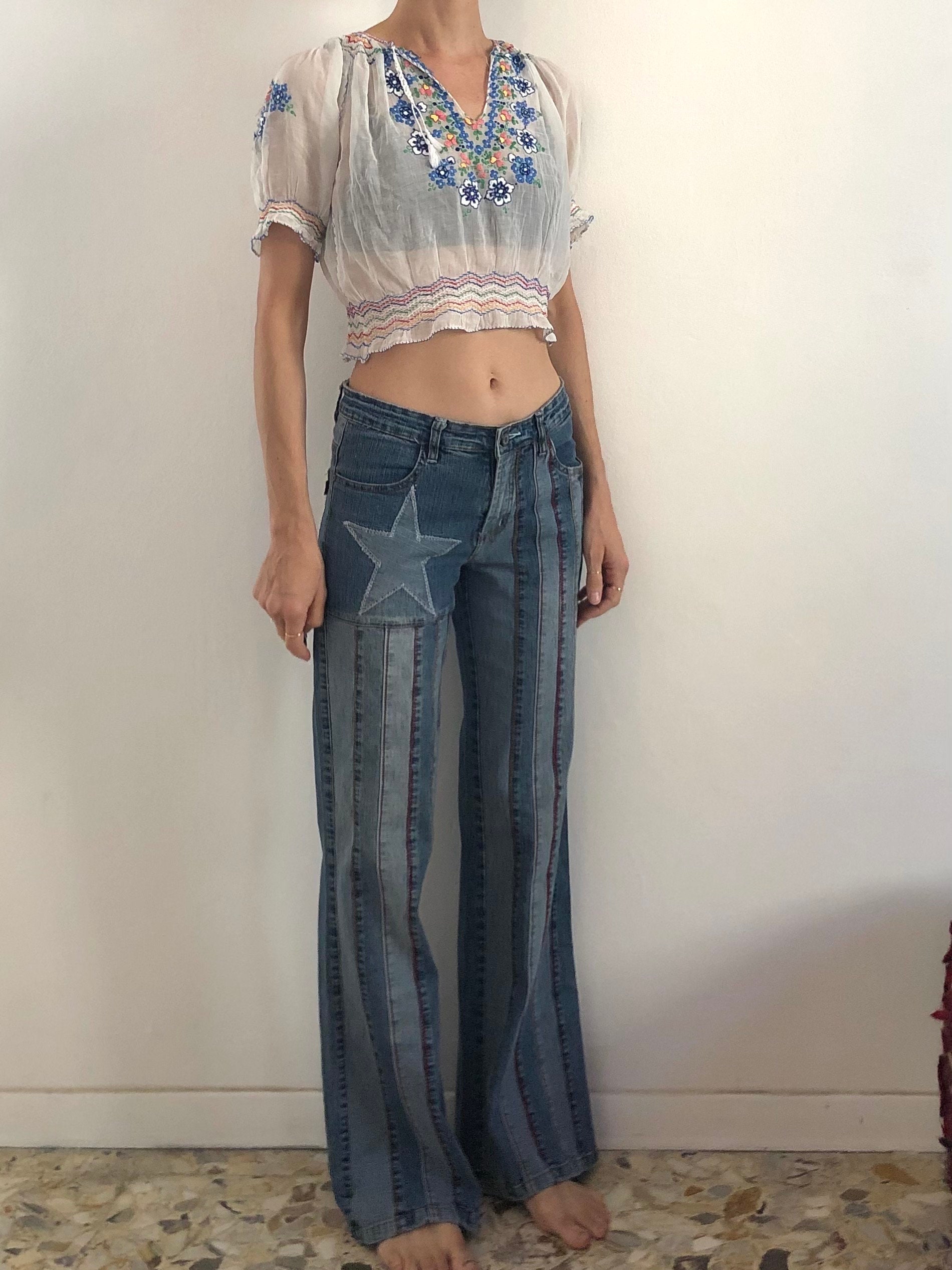 90s Stars and Stripes Patchwork Bell Bottom Flare Leg Faded Denim 