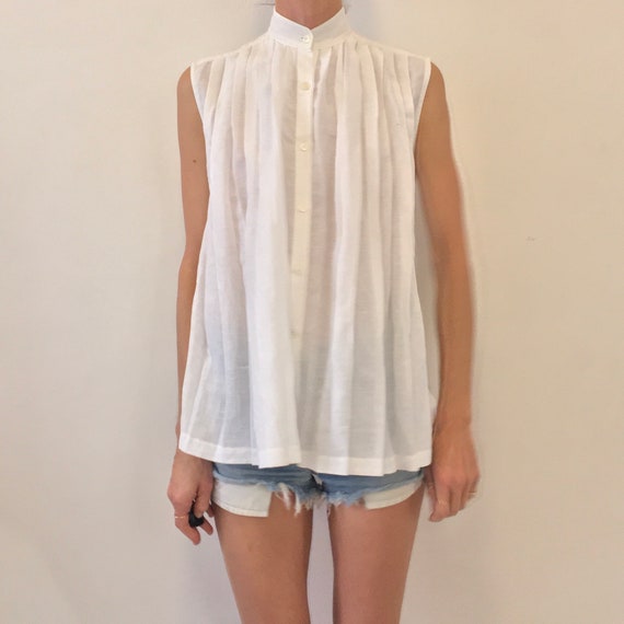70's Kenzo White Linen Pleated Sleeveless Summer B
