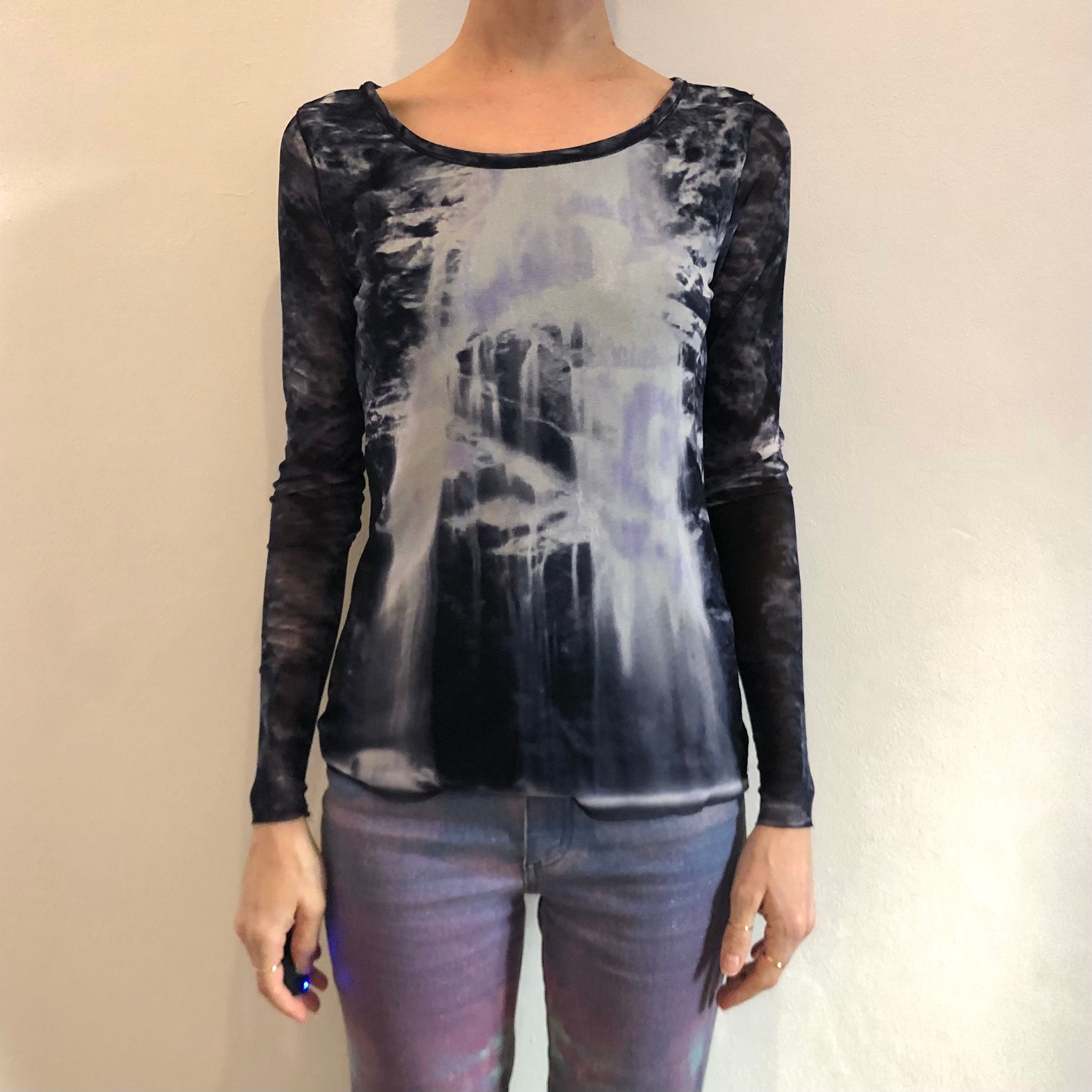 90s Vivienne Tam Abstract White and Blue Sheer Stretch Mesh T