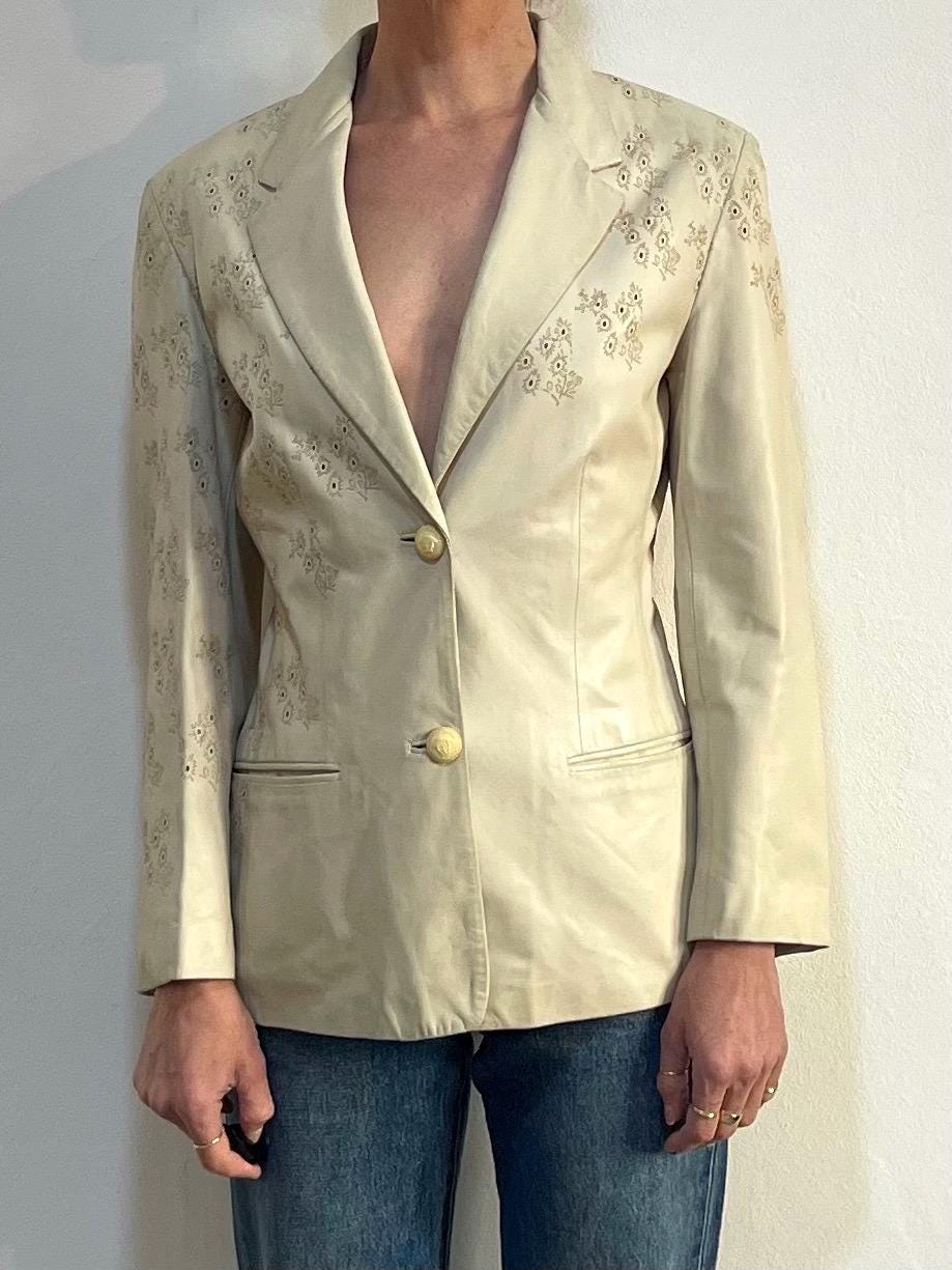 90s Gianni Versace Beige Leather Blazer With Laser Cut Floral
