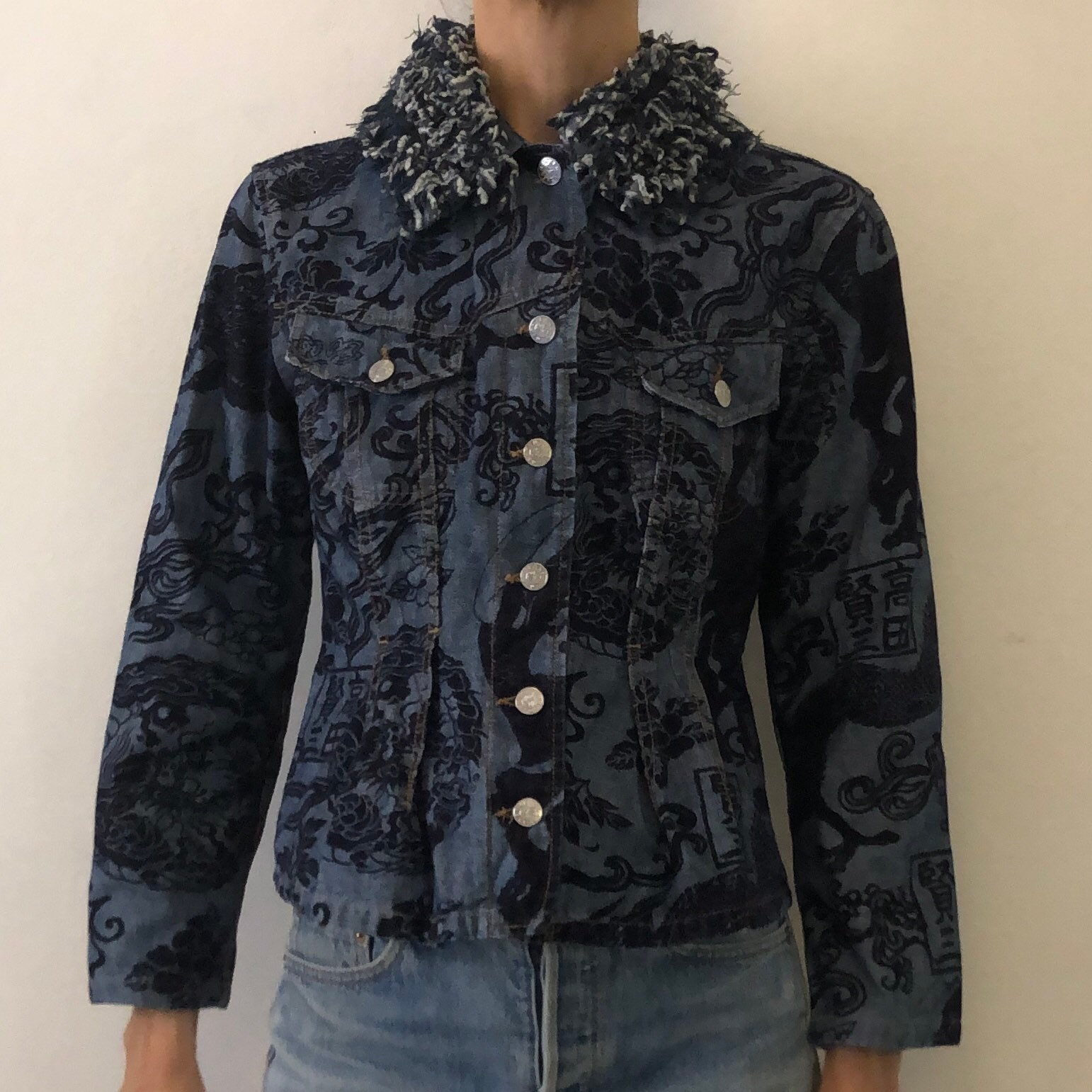 80s Kenzo Jeans Japanese Asian Print Denim Jacket With Frayed 