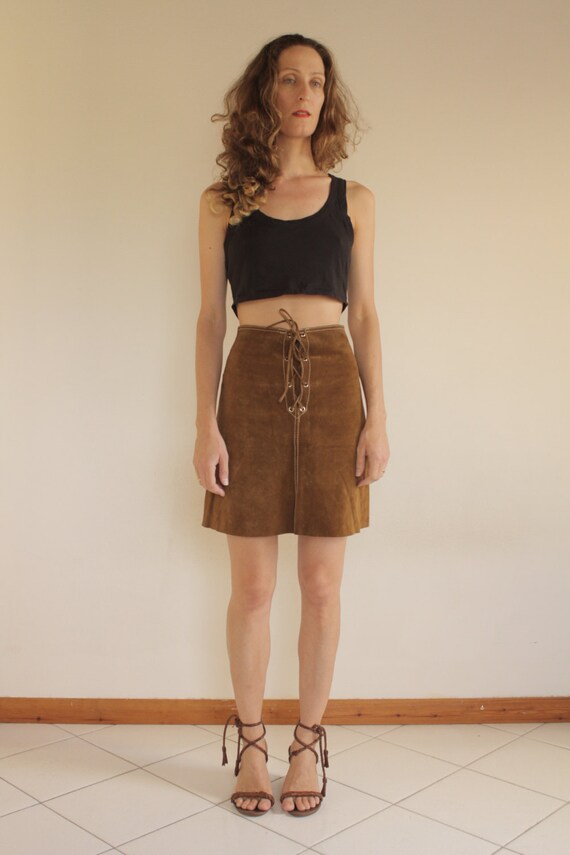 Suede mini skirt 70's laces up the front brown leather Etsy