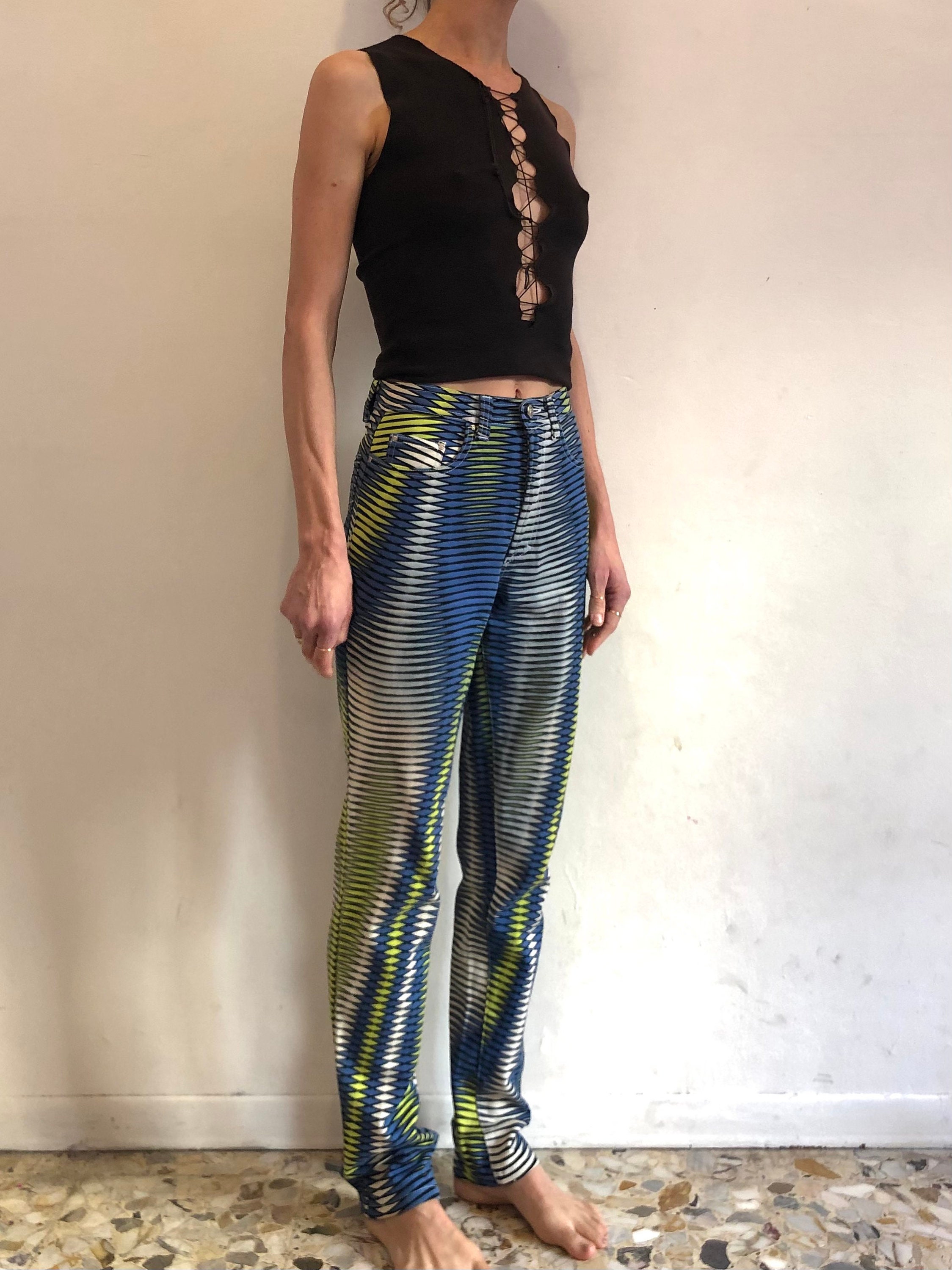 90s Versace Jeans Couture Psychedelic Op Art Stretch Denim Super