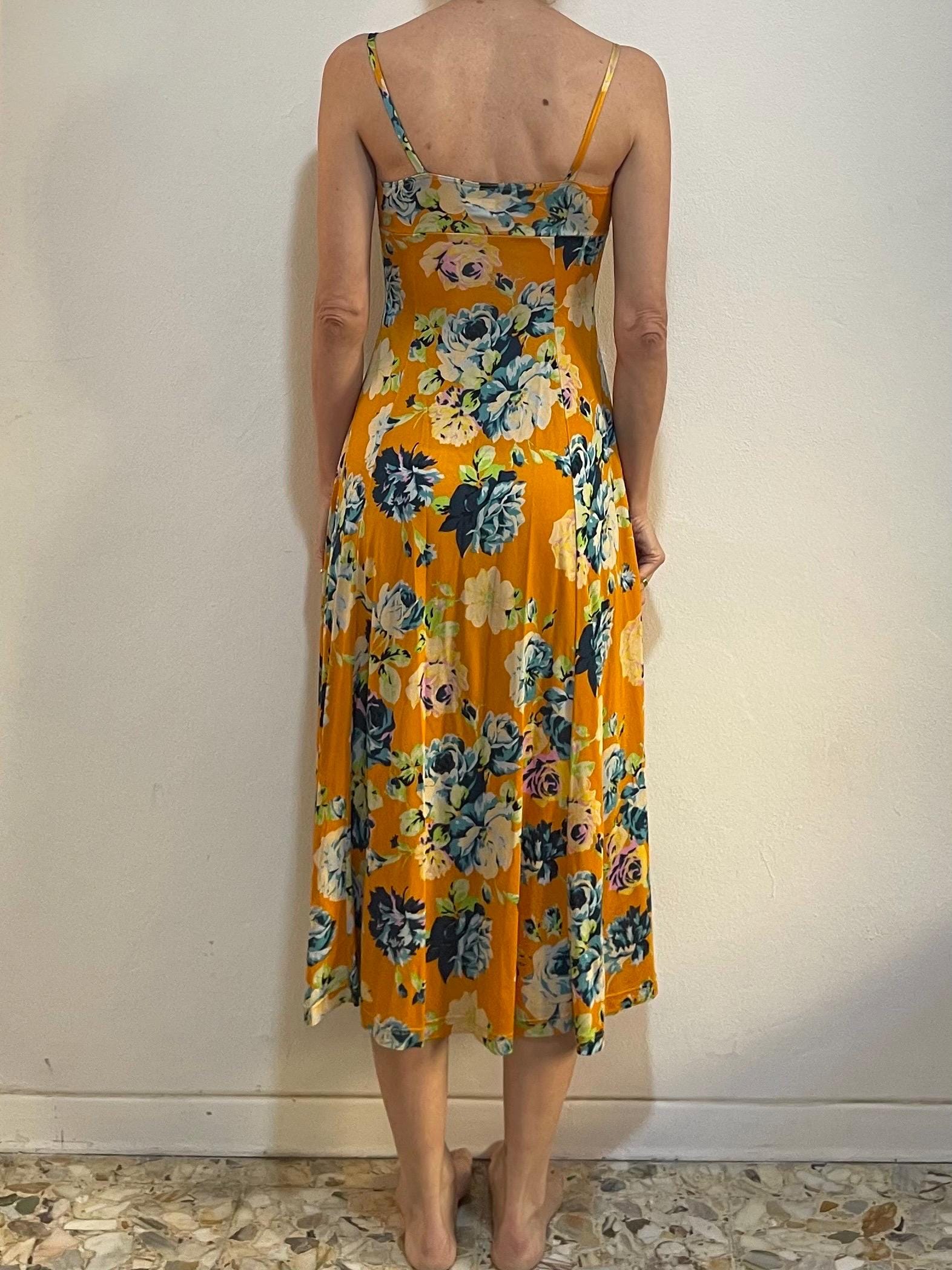 80s Kenzo Jungle Orange Floral Print Rayon Jersey Full Skirted