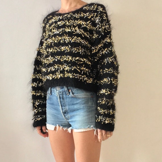 90s Hand Knit Gold Silver Foil Black Chunky Cropp… - image 2