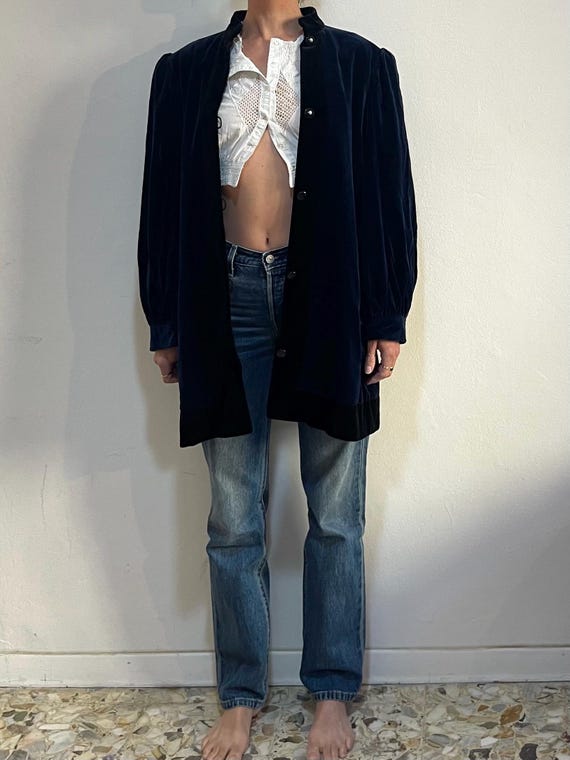 70s Saint Laurent Rive Gauche Blue and Black Velvet Puff Sleeve