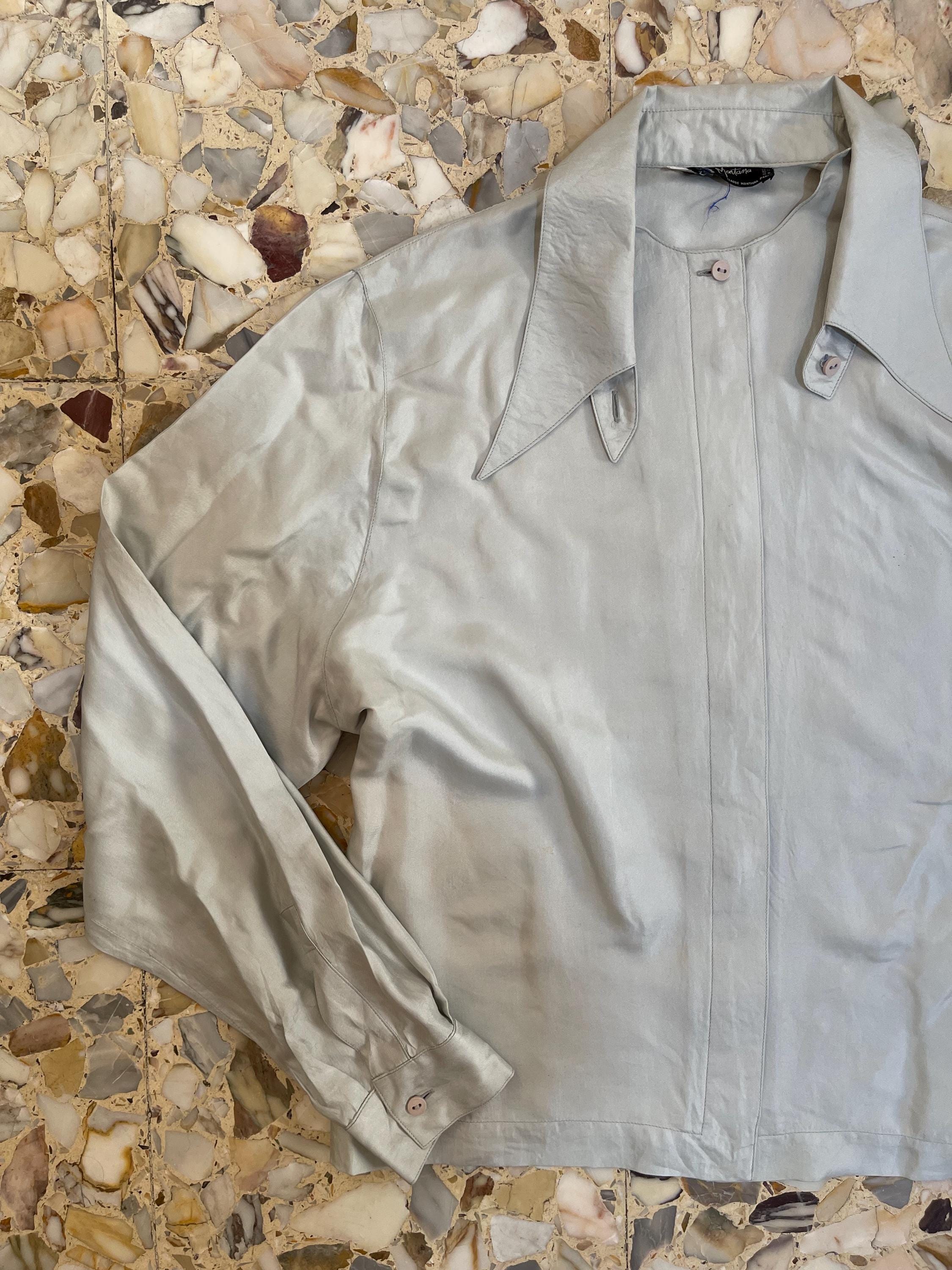 90s Claude Montana Pale Blue Silk Twill Minimalist Shirt With