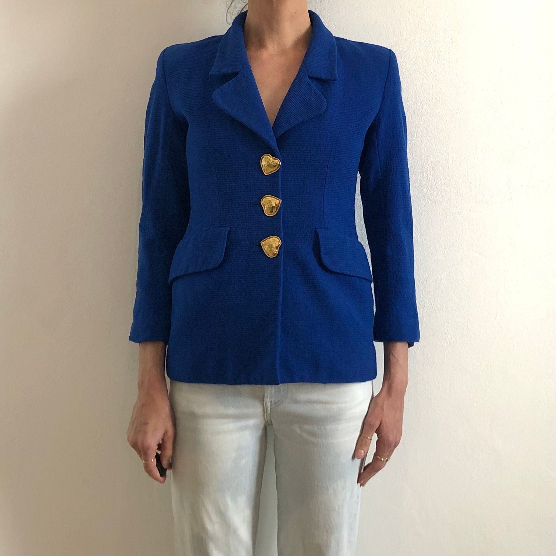80s Yves Saint Laurent Heart Buttons Wool Blue Blazer Jacket Small 