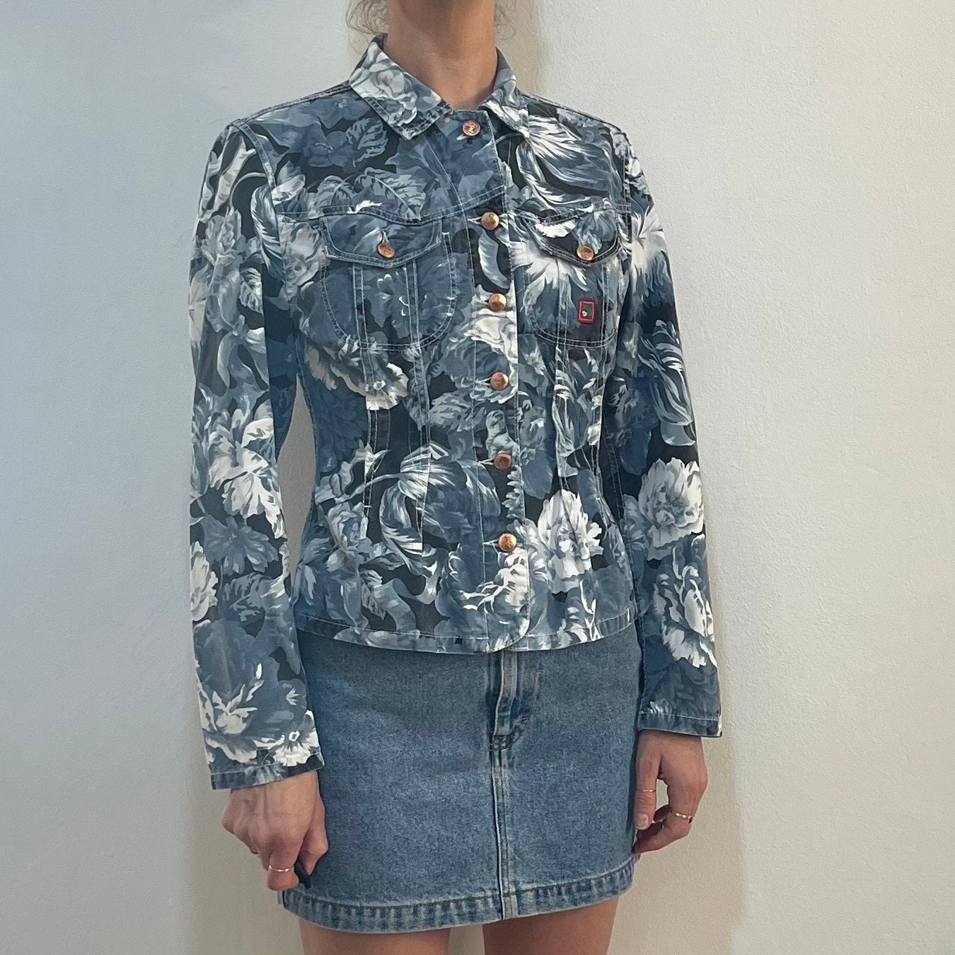 90s Kenzo Jeans Blue Floral Print Art School Denim Jacket