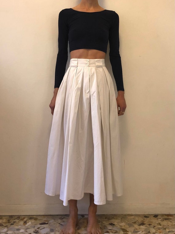 80's Kenzo White Cotton Maxi Skirt Summer Pleated