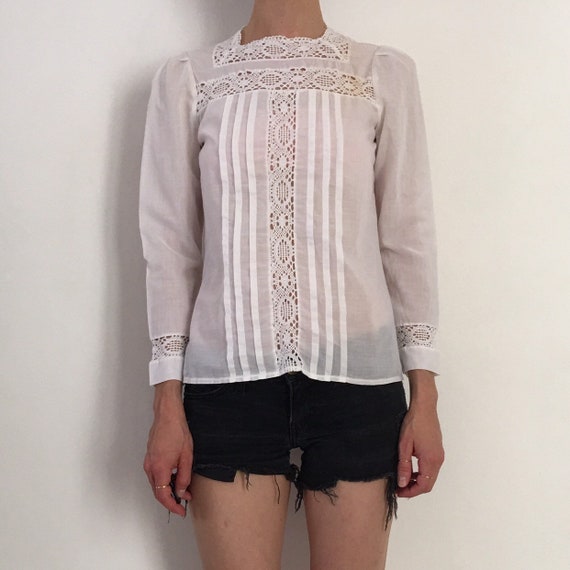 70s Lace Prairie Blouse Boho Romantic Sheer Cotton
