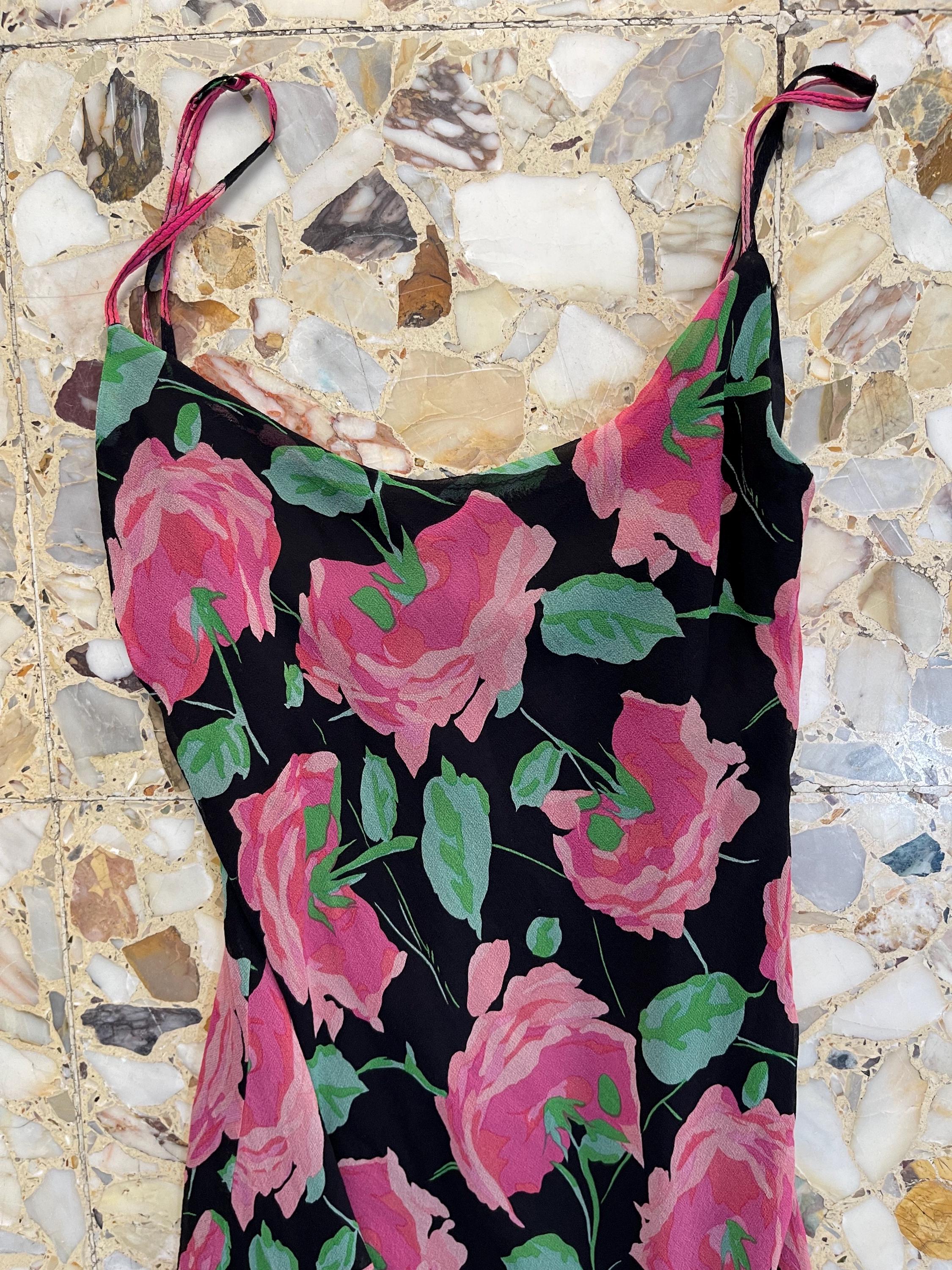 90s Betsey Johnson Floral Silk Bias Cut Slip Dress With Flirty