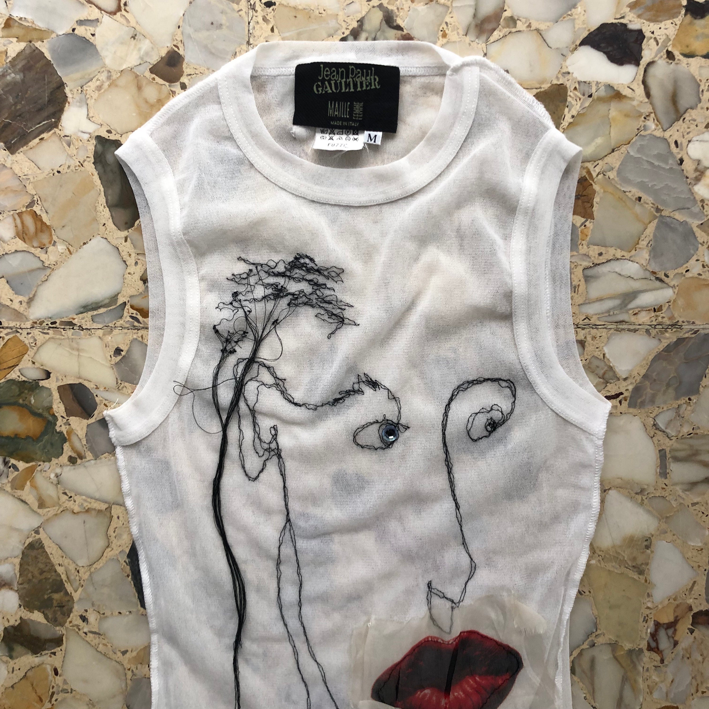 90s Jean Paul Gaultier Embroidered Silk Applique Face Sheer