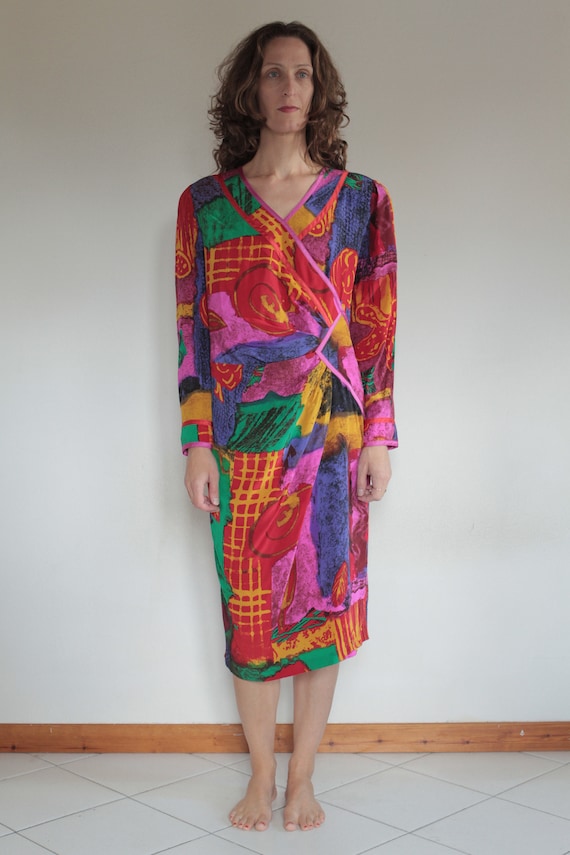 80's Louis Féraud Silk Bright Color Block Asymmetrical 