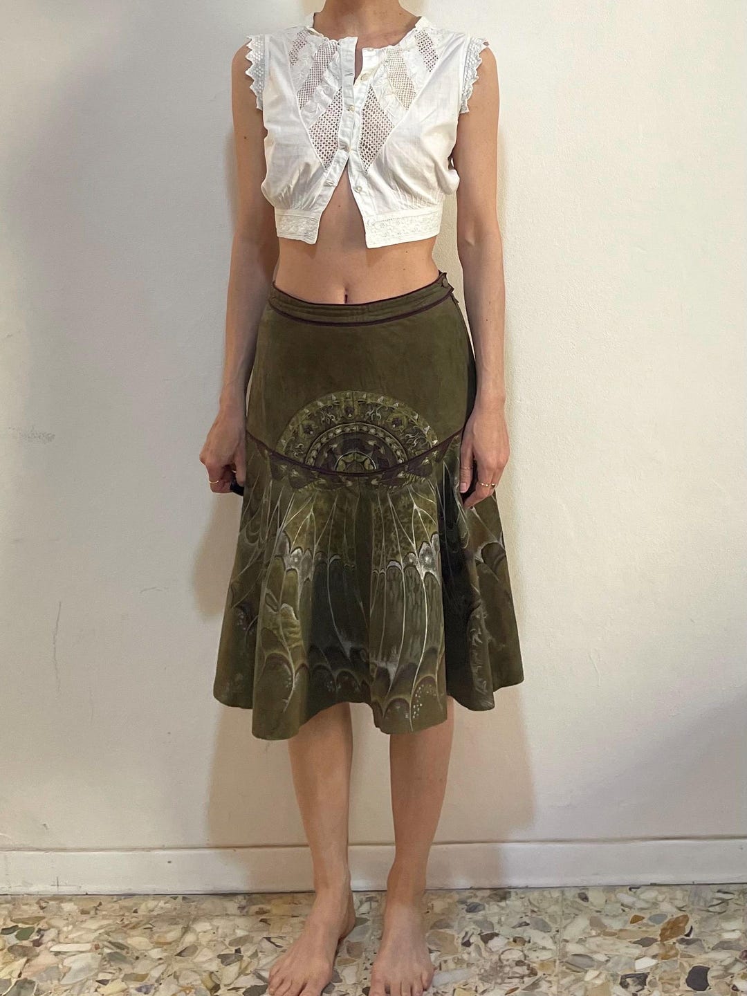 70s Roberto Cavalli Hand-painted Suede Skirt Brown Leather Dragon
