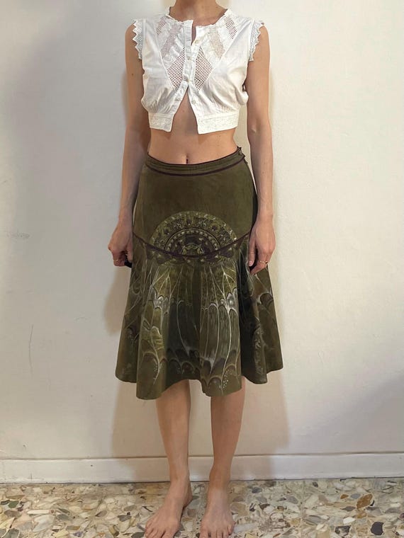 70s Roberto Cavalli Hand-painted Suede Skirt Brown Leather Dragon