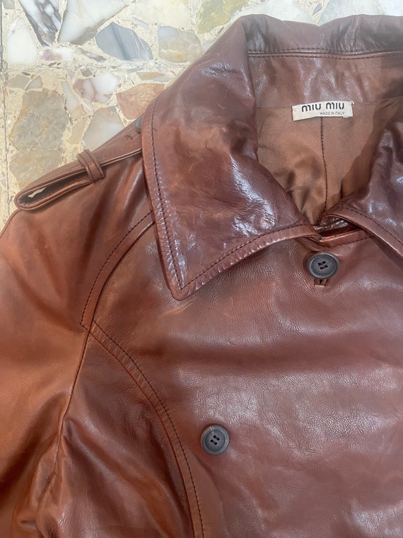 90s Miu Miu Cognac Leather Double Breasted Trench Coat With Belt 