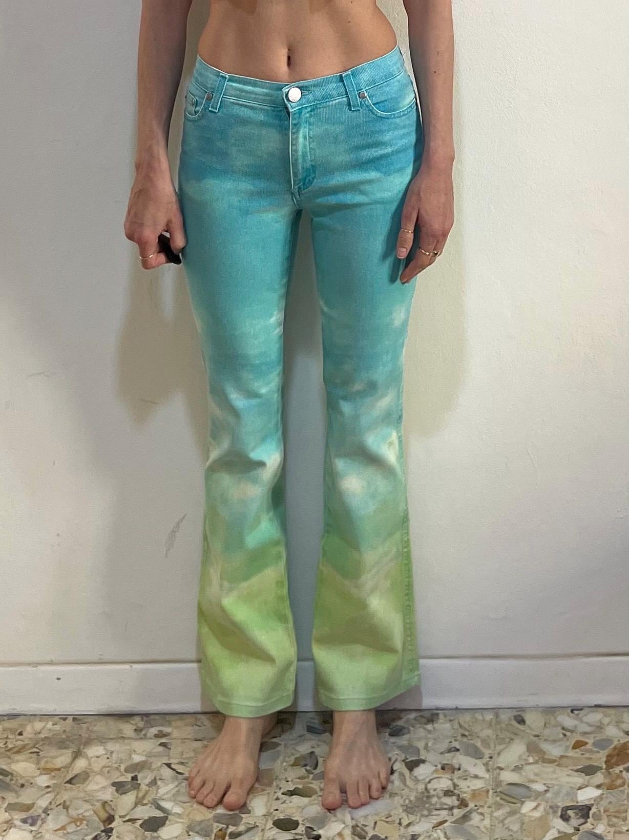 90s Cavalli Turquoise Green Yellow Ombre Tie Dye Stretch Flare Leg