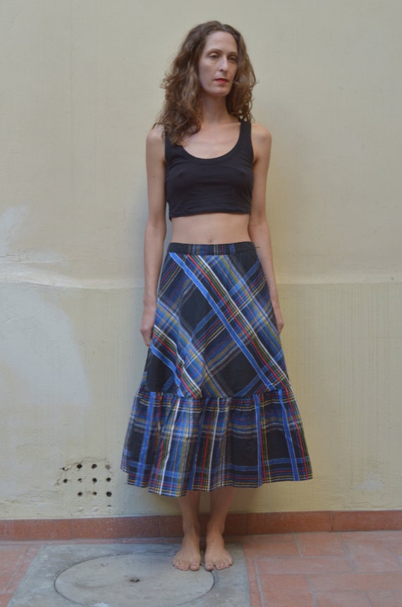 80s bias cut multi color check prairie skirt with