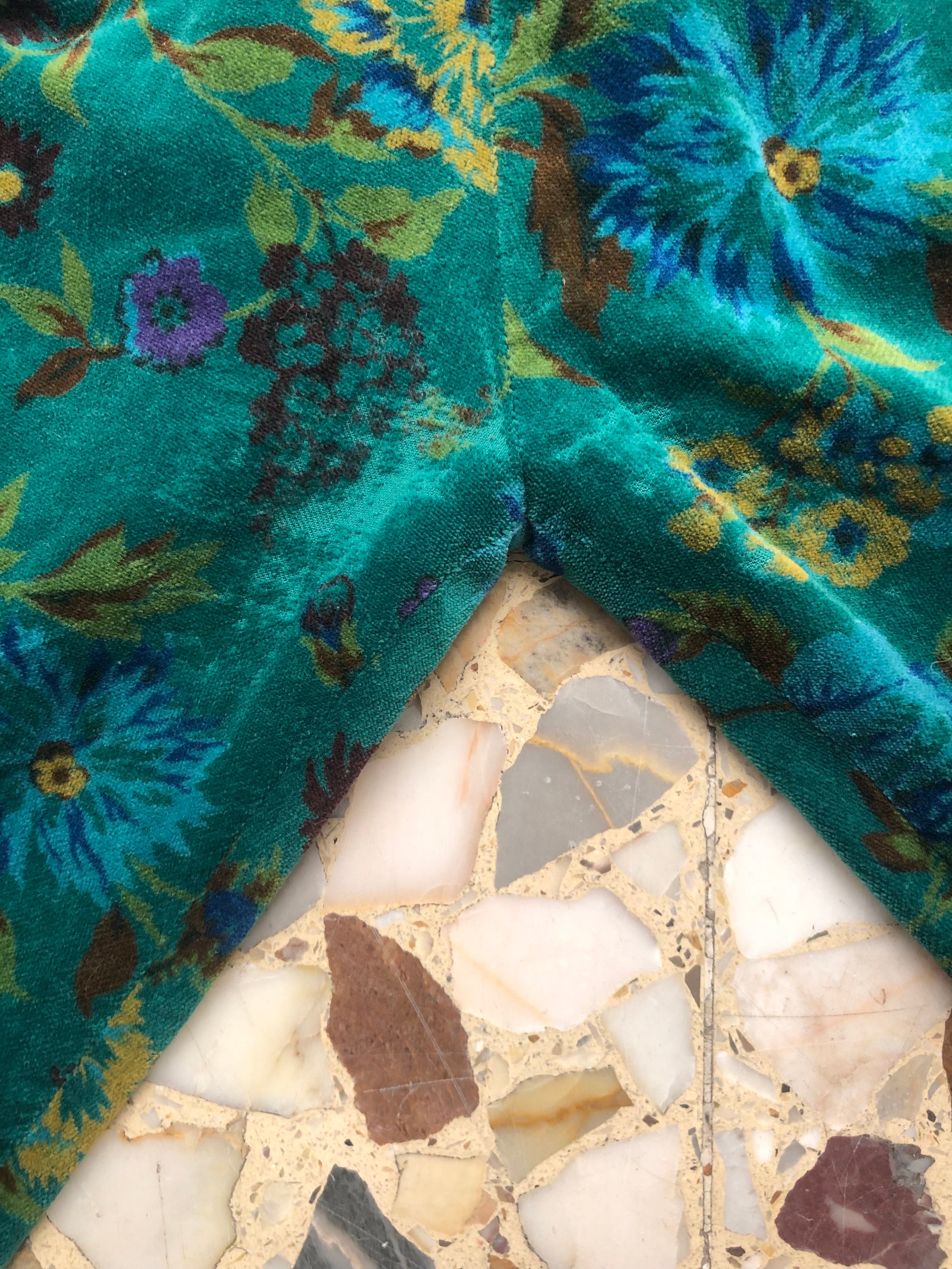 80s Kenzo Velvet Full Pleated Turquoise Floral Harem Pants 80s Kenzo Velvet Full Pleated Turquoise Floral Harem Pants
