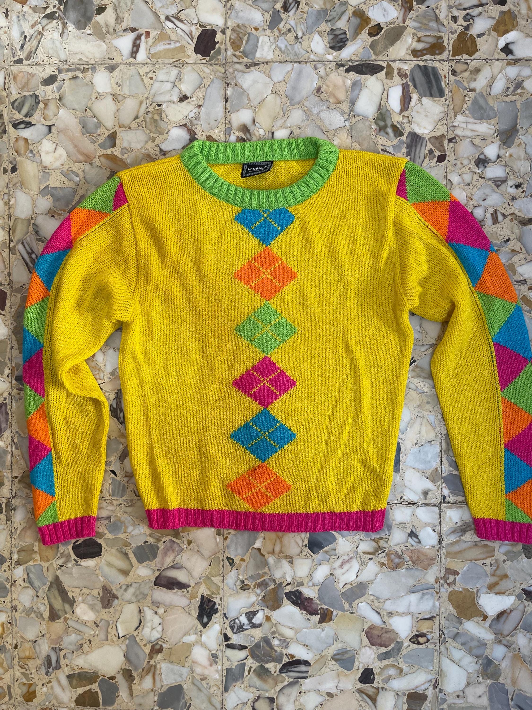 90s Versace Jeans Couture Yellow Argyle Knit Preppy Clueless