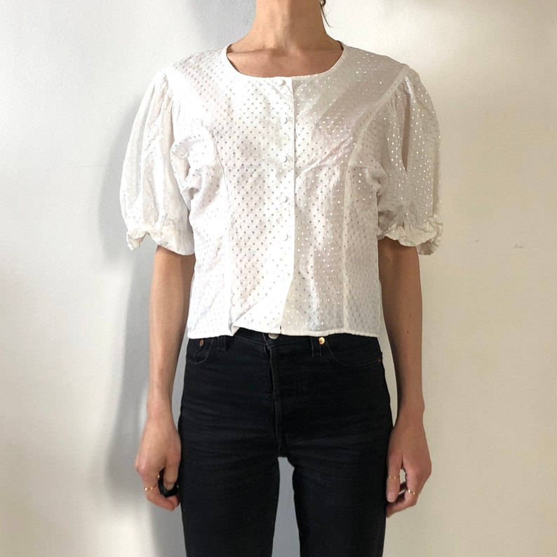 80s Cacharel Prairie Peasant Blouse White Cotton With Gathered Puff Sleeves image 1