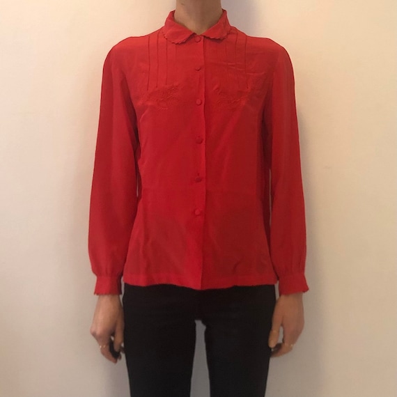 60s Peony Red Silk Hand Embroidered Blouse