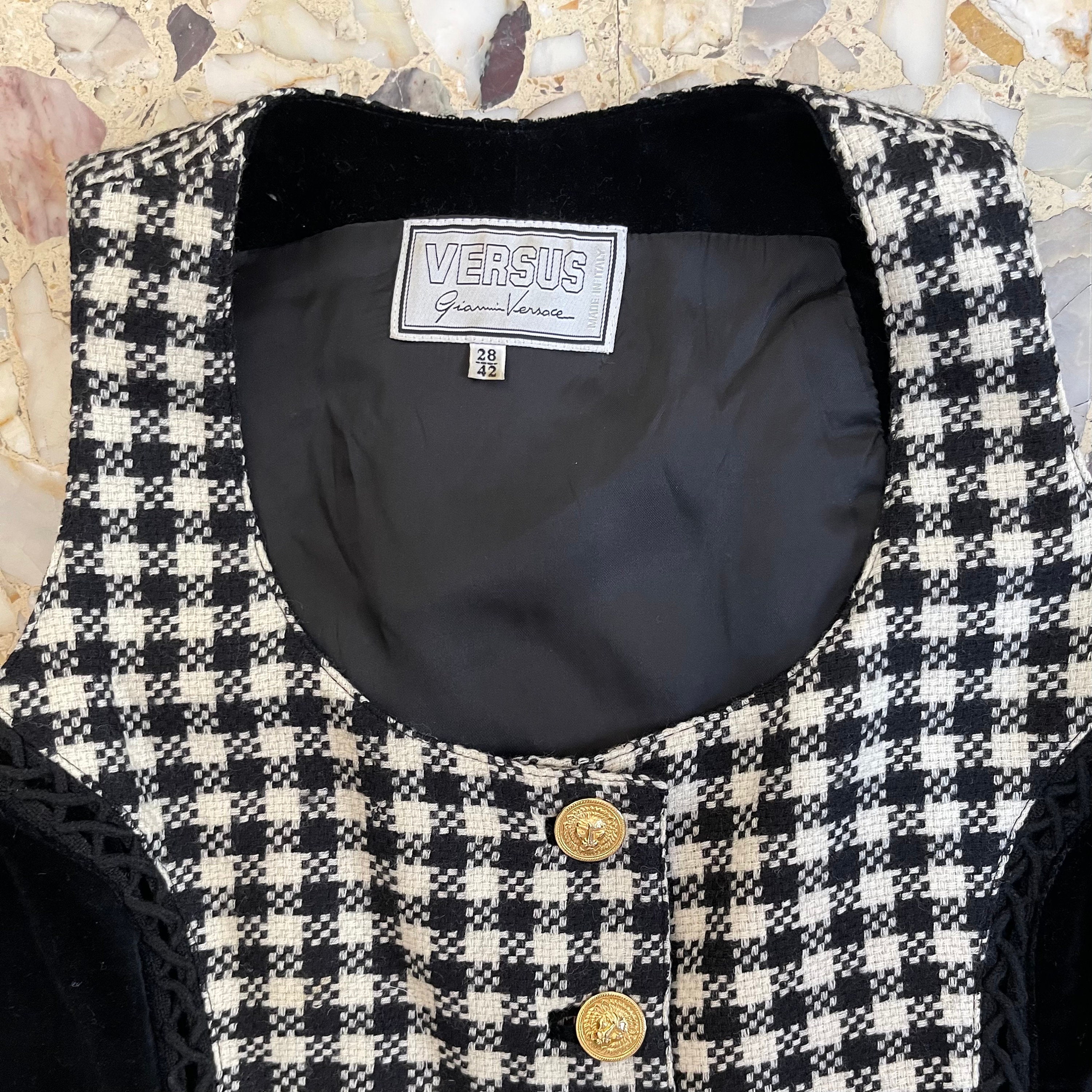 90s Versace Versus Velvet and Wool Black and White Check