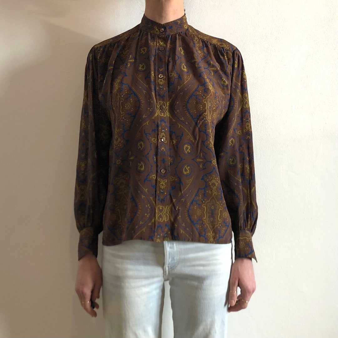 70s Saint Laurent Rive Gauche Silk Button up Paisley Geometric