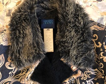 80s Kenzo Jeans Japanese Asian Print Denim Jacket With Fake Fur