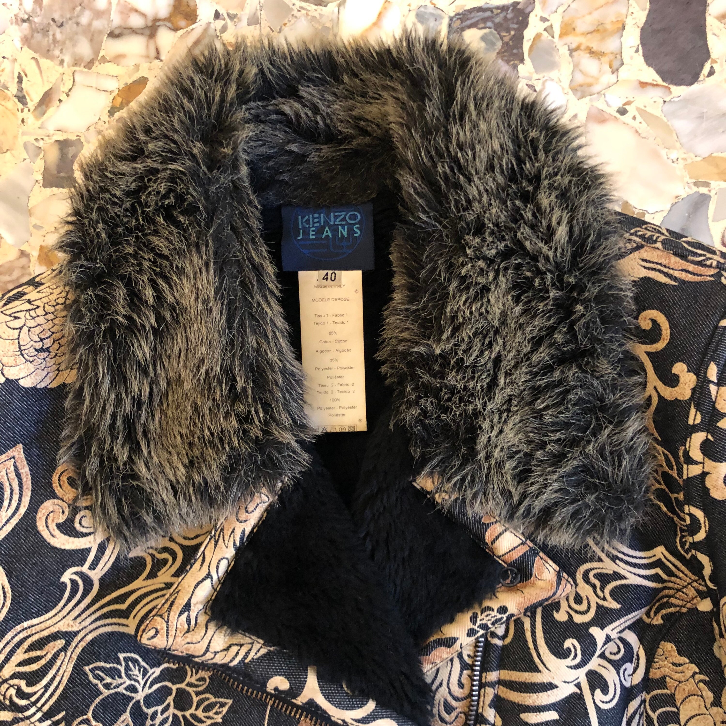 80s Kenzo Jeans Japanese Asian Print Denim Jacket With Fake Fur