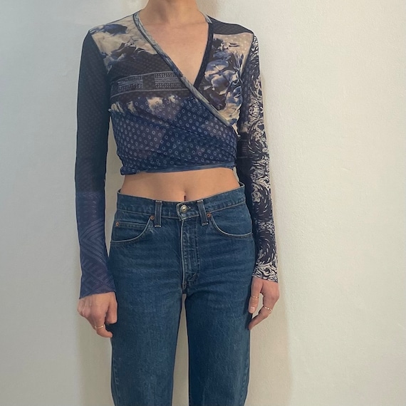 90s Jean Paul Gaultier Blue Patch Work Sheer Mesh Wrap Crop 90s Jean Paul Gaultier Blue Patch Work Sheer Mesh Wrap Crop