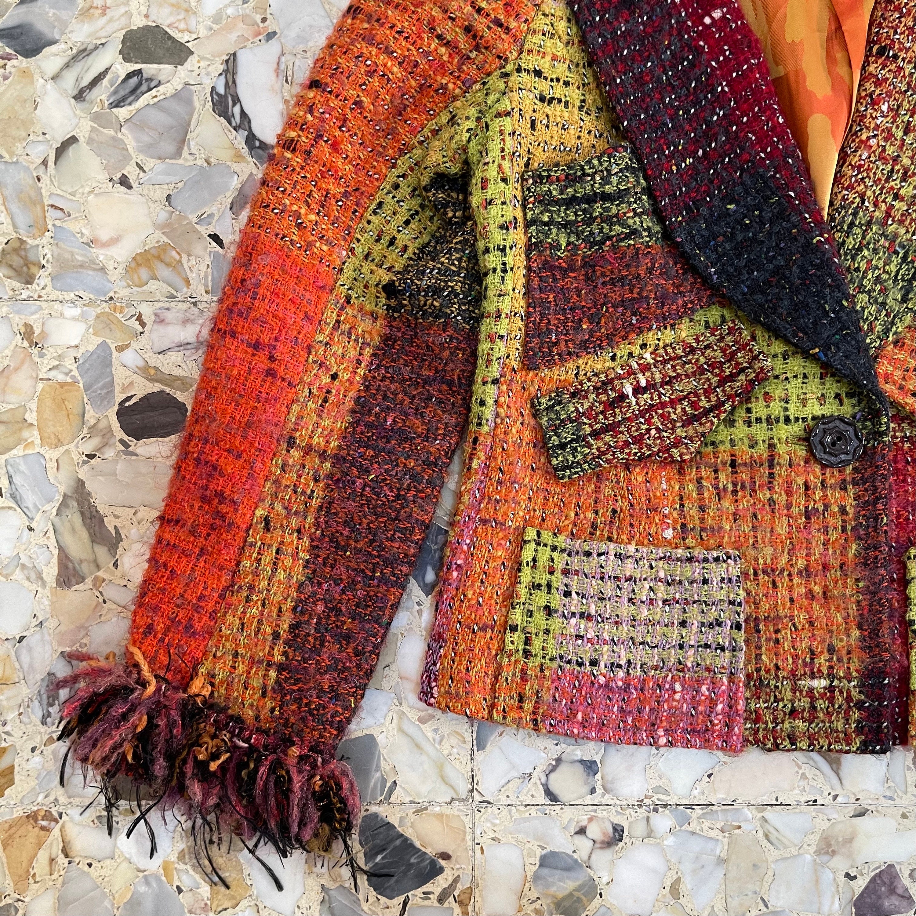 80s Christian Lacroix Tweed Twill Patchwork Jacket With Fringe