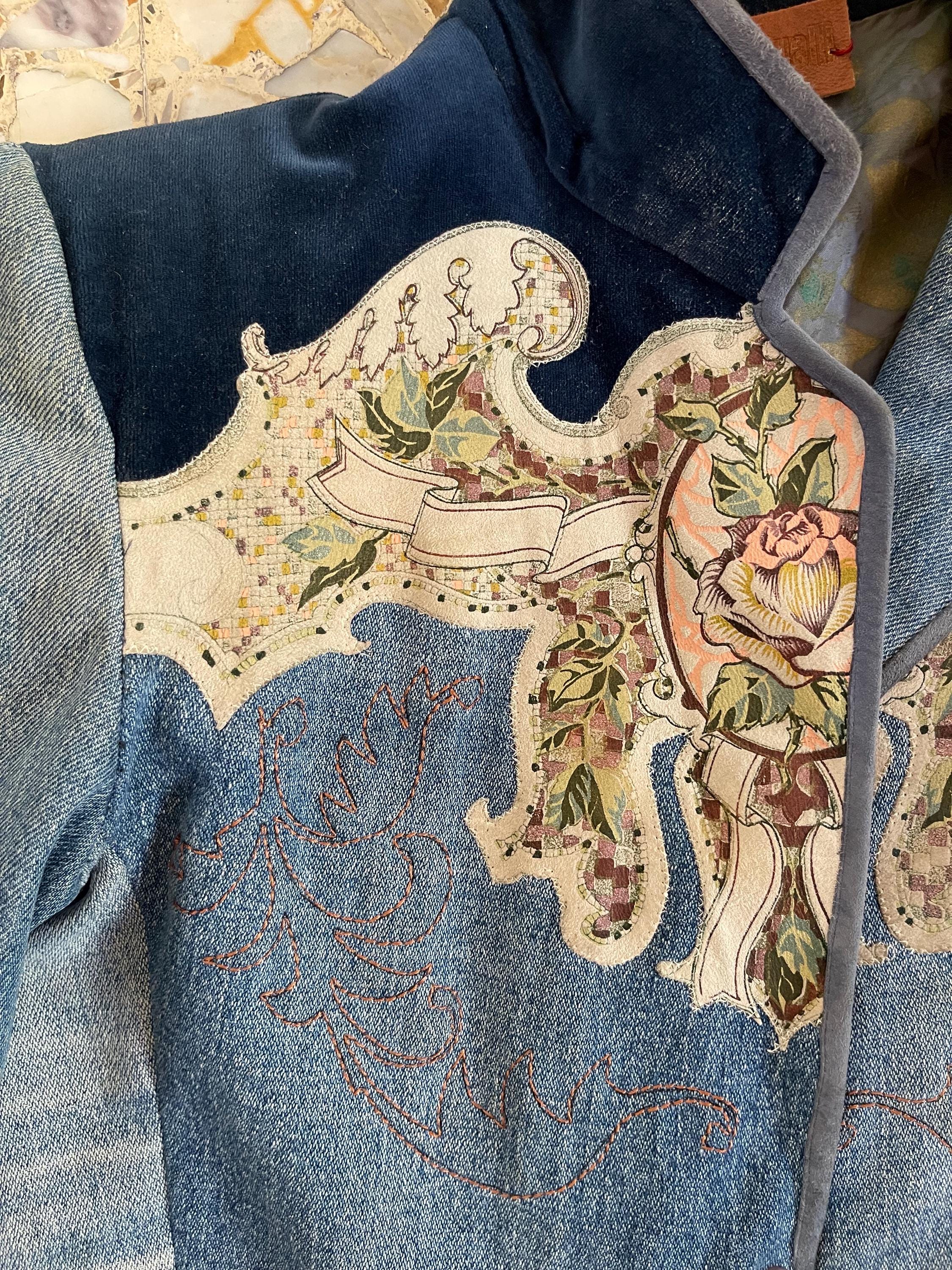70s Roberto Cavalli Hand Painted Leather and Denim Set Jacket and