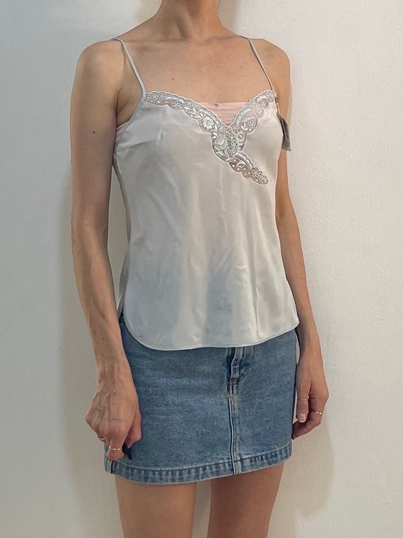 90年代 ラペルラ シルク スカイブルー 刺繍 レース バイアス