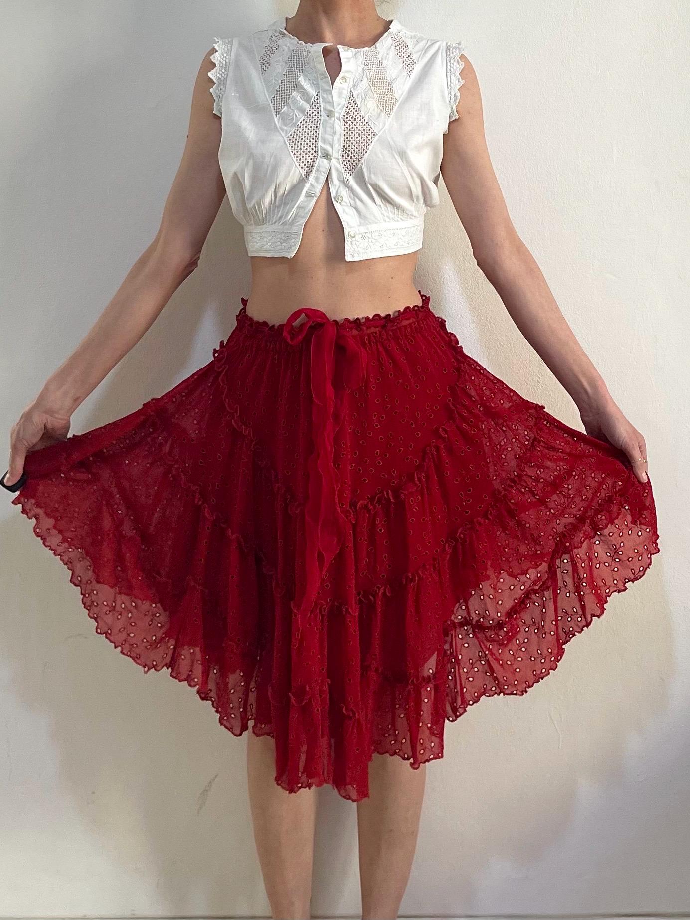 90s Jean Paul Gaultier Deep Red Embroidered Eyelet Mesh Tiered