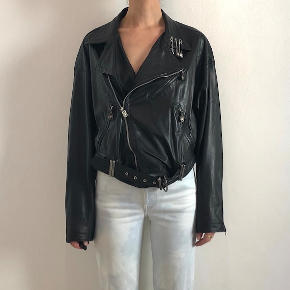 GIANNI VERSACE leather jacket black studded with zip size IT