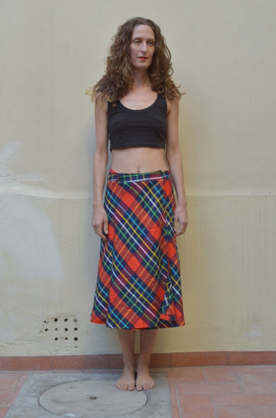 70s bias cut check wrap skirt boho preppy style