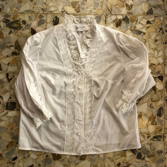 80s White Cotton Poly Lace Button Up Blouse With … - image 5