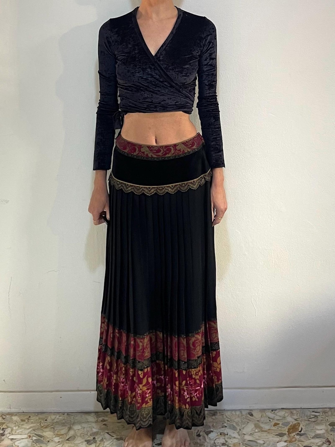 70s Roberto Cavalli Hand Painted Leather Maxi Skirt With Pleated