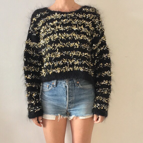 90's Hand Knit Gold Silver Foil Black Chunky Cropp