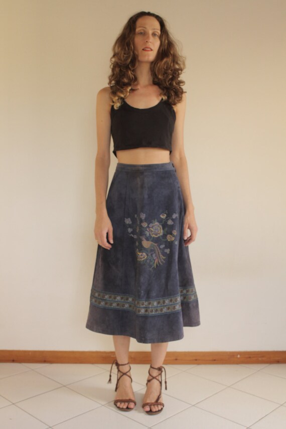 70's peacock hand painted blue suede leather a-lin